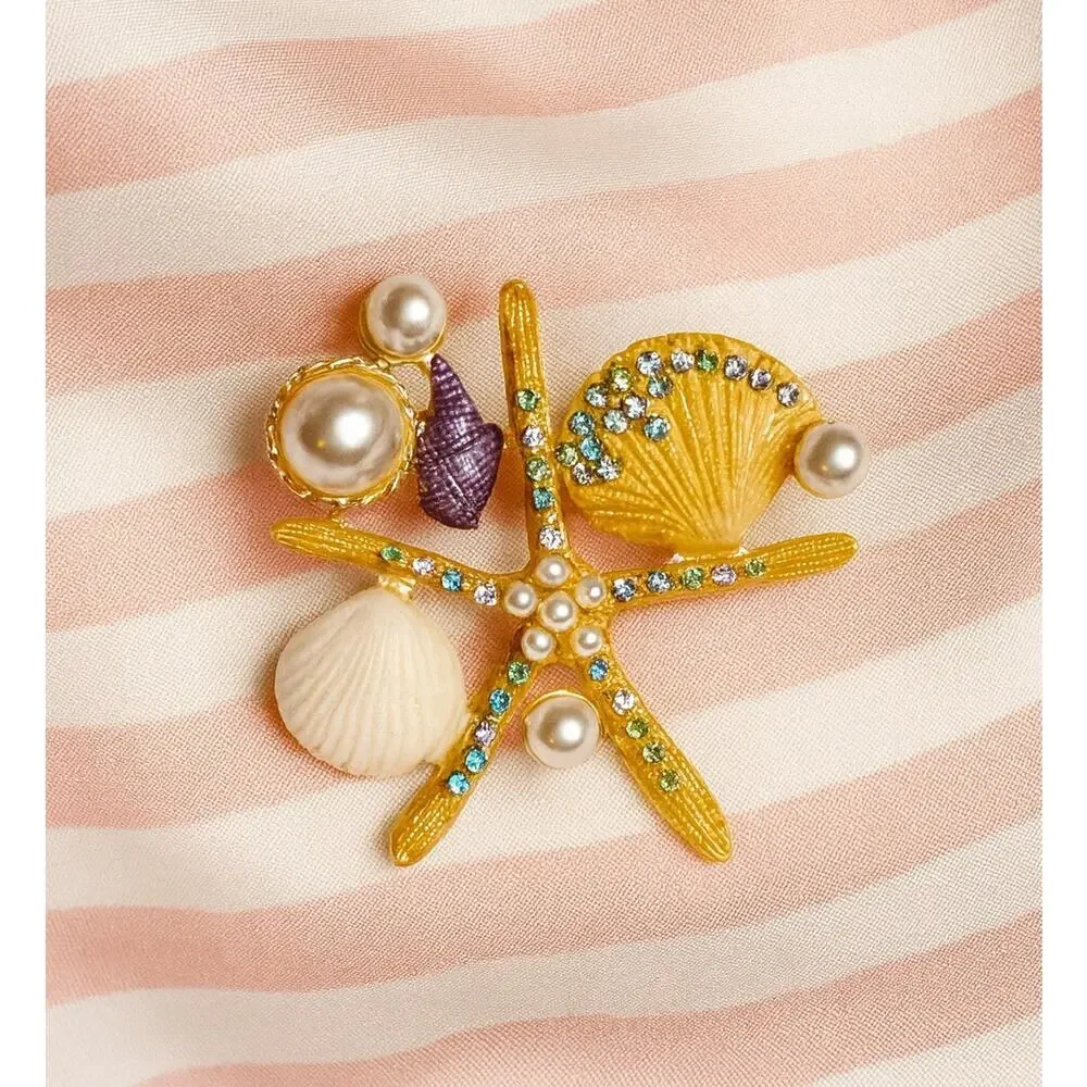 Anthropologie Pin Starfish Seashell Brooch Pearl Enamel Sea Star Coral CZ Shell